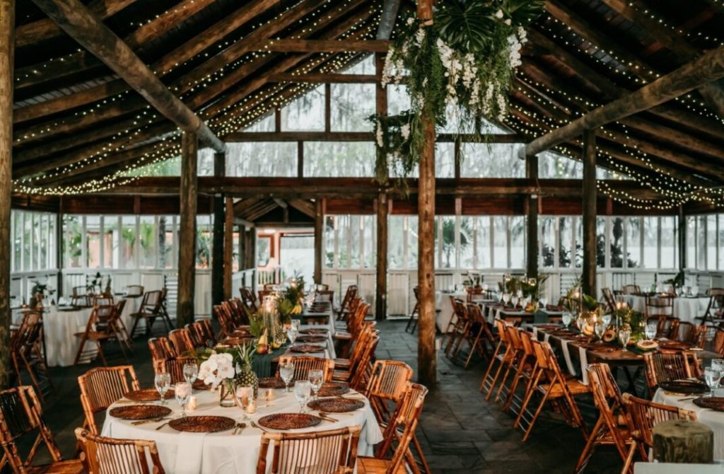 Paradise Cove Reception set up in the tropical covered space at Paradise Cove
